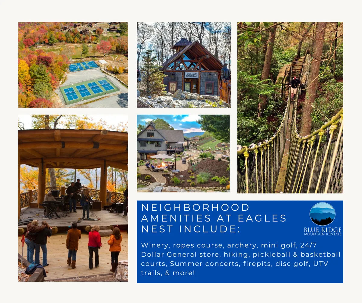 A vibrant outdoor scene showing a ropes course, archery range, mini golf area, an outdoor stage, and communal gathering spaces nestled in nature. The area is bustling with activity, inviting guests to partake in active and adventurous pursuits or enjoy a summer concert under the open sky.